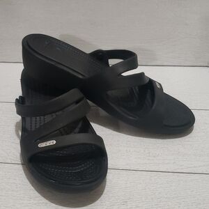 Crocs black open toe wedges slide woman  sandals